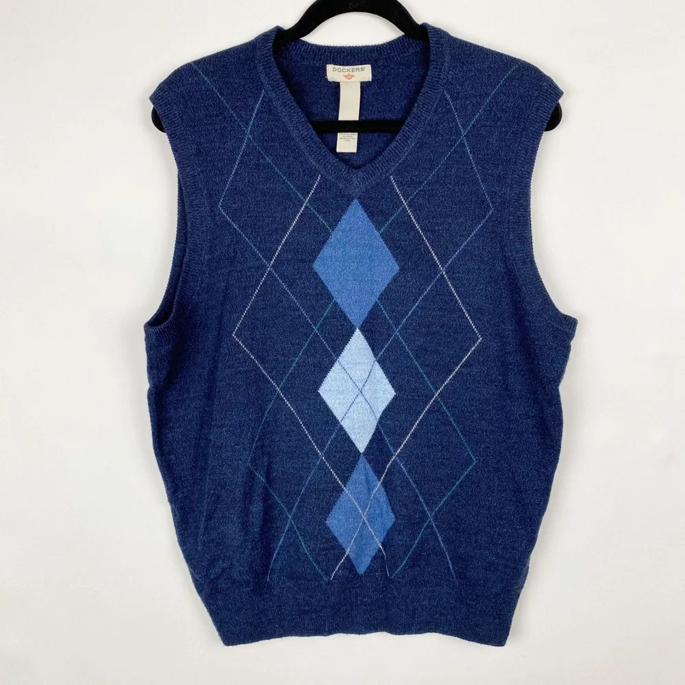 Dockers Sweater Vest‎ Mens Large Blue Argyle V-Neck Knit Sleeveless Classic